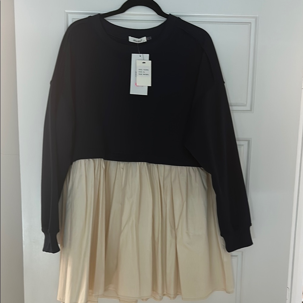 Two-Tone Black and Cream Long Sleeve Tiered Dress